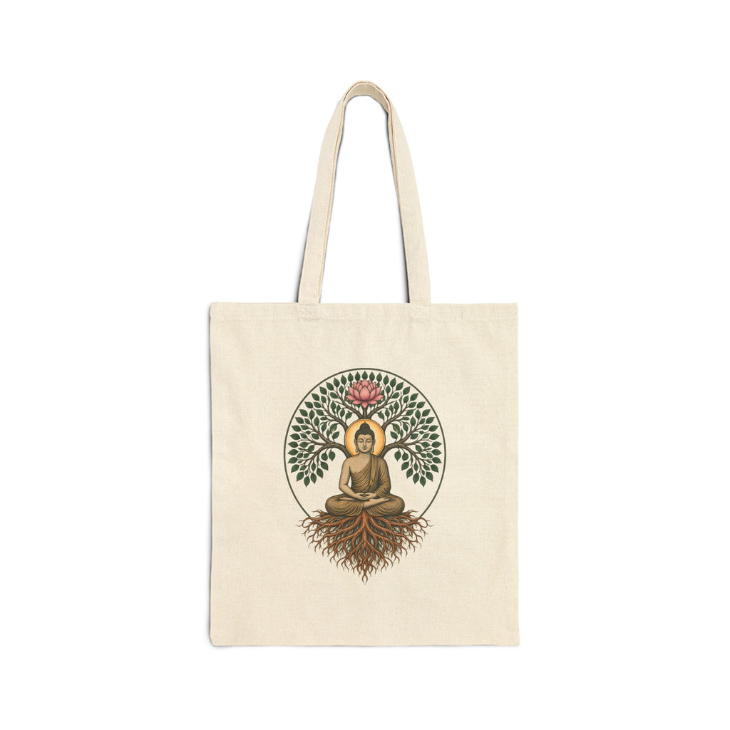 Off-white canvas tote with Bodhi Buddha under a tree and pink lotus