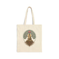 Off-white canvas tote with Bodhi Buddha under a tree and pink lotus