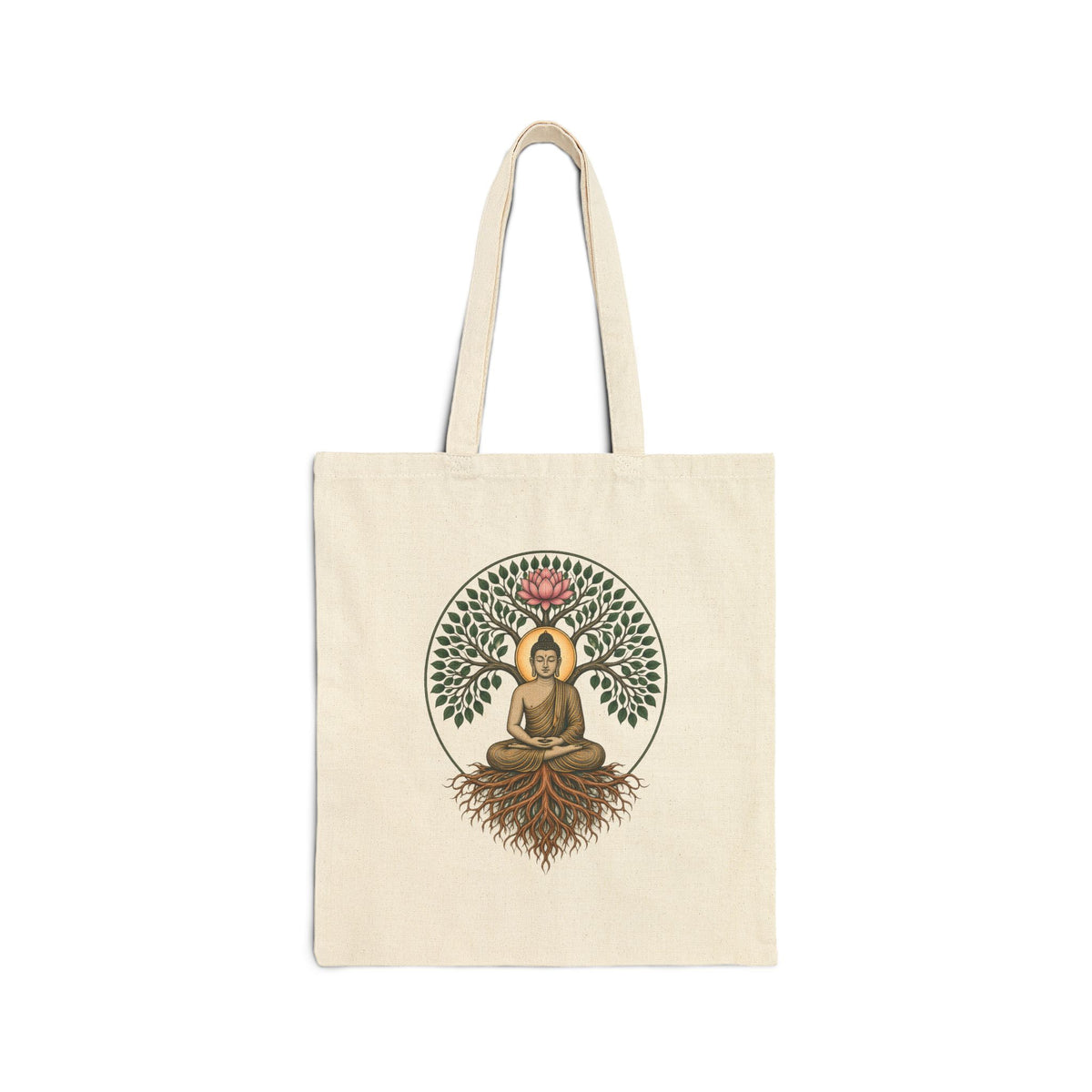 Off-white canvas tote with Bodhi Buddha under a tree and pink lotus