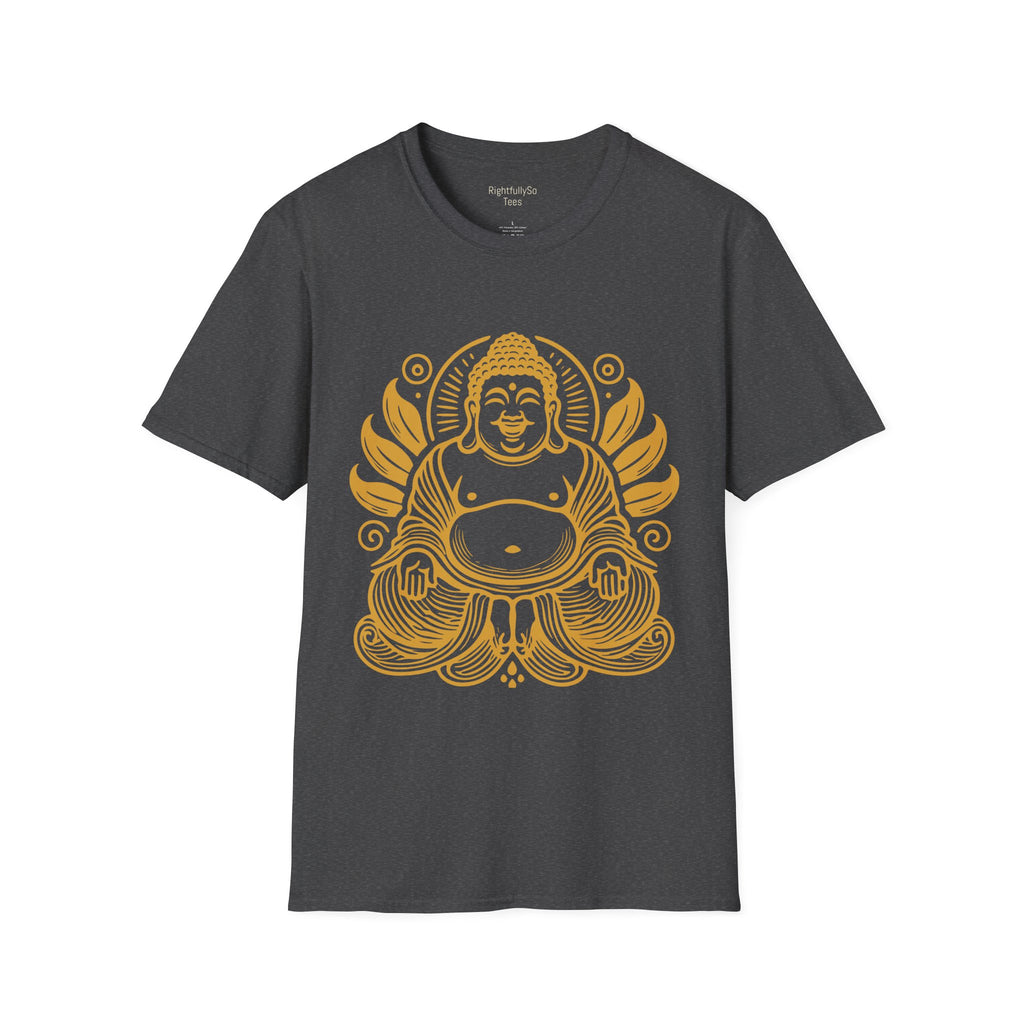 Dark Heather Gold Laughing Buddha Tee mockup