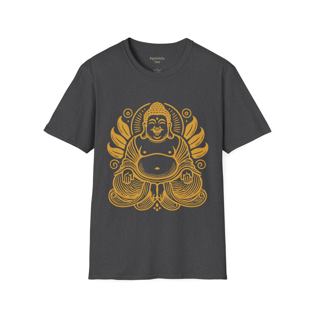 Dark Heather Gold Laughing Buddha Tee mockup