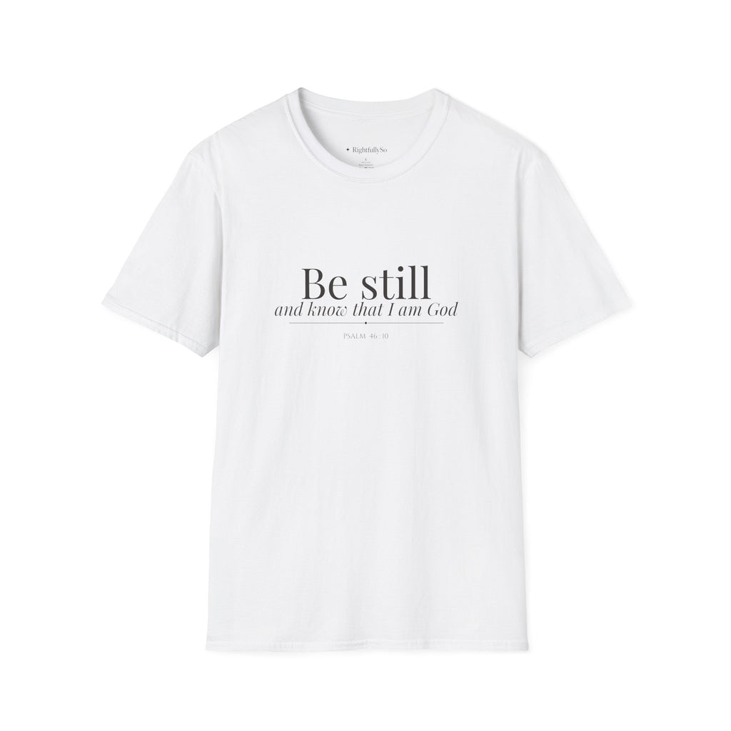 White Be Still Tee — Psalm 46:10 mockup