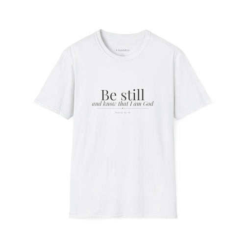 White Be Still Tee — Psalm 46:10 mockup