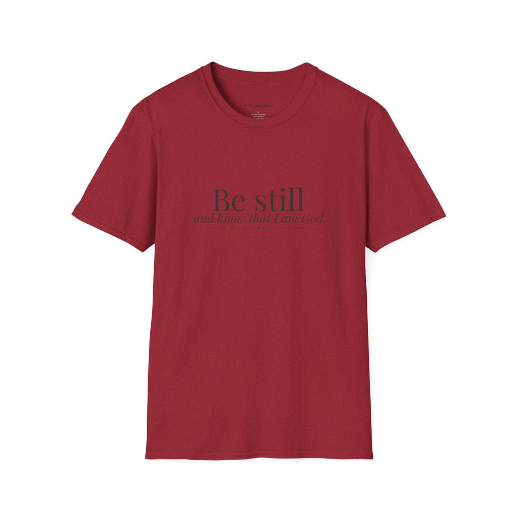 Antique Cherry Red Be Still Tee — Psalm 46:10 mockup