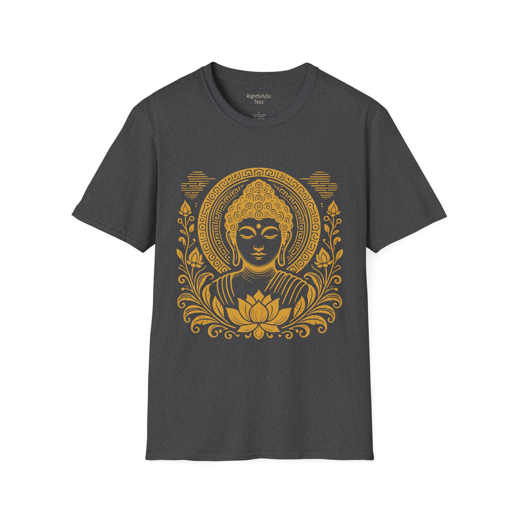 Dark Heather Gold Halo Buddha Tee mockup