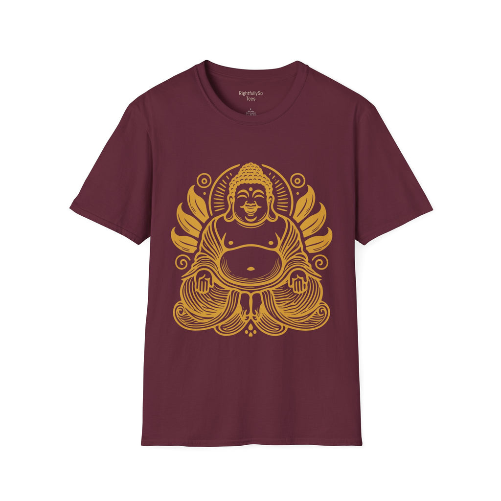 Maroon Gold Laughing Buddha Tee mockup