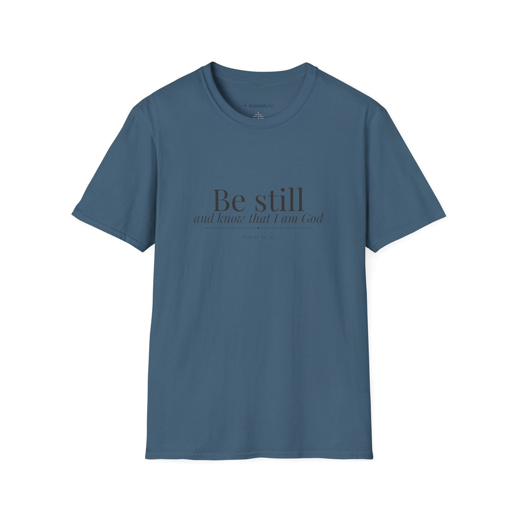 Indigo Blue Be Still Tee — Psalm 46:10 mockup