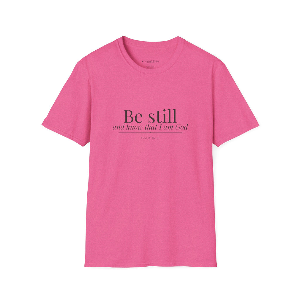 Heather Heliconia Be Still Tee — Psalm 46:10 mockup