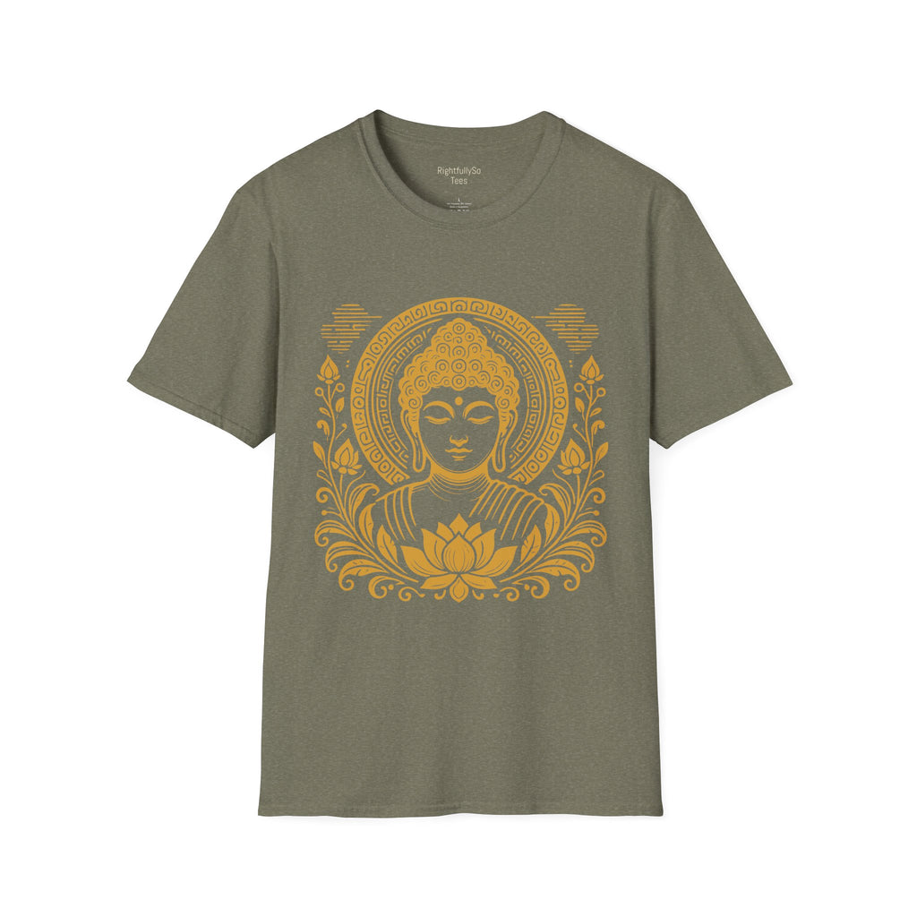 Heather Military Green Gold Halo Buddha Tee mockup