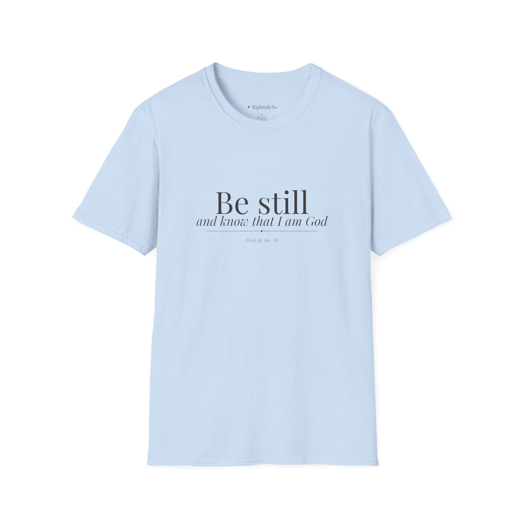 Light Blue Be Still Tee — Psalm 46:10 mockup