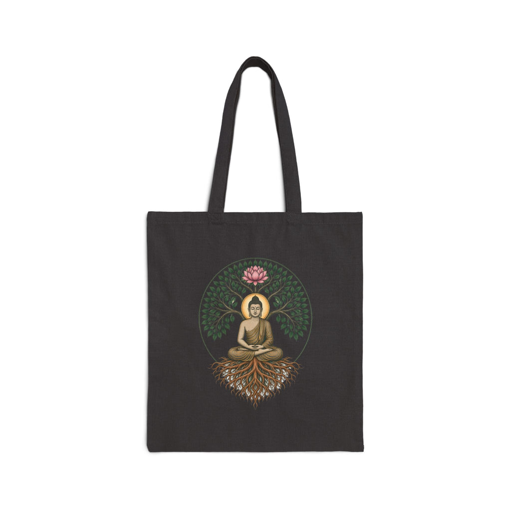Bodhi Buddha tote bag — seated Buddha, canopy, roots, and lotus print