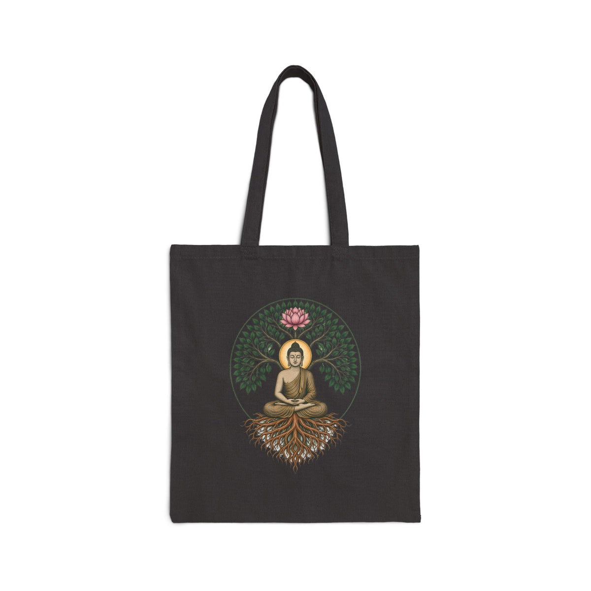 Bodhi Buddha tote bag — seated Buddha, canopy, roots, and lotus print