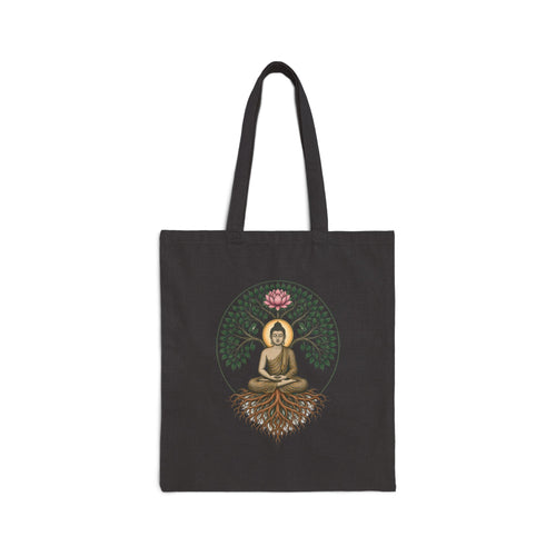 Bodhi Buddha tote bag — seated Buddha, canopy, roots, and lotus print