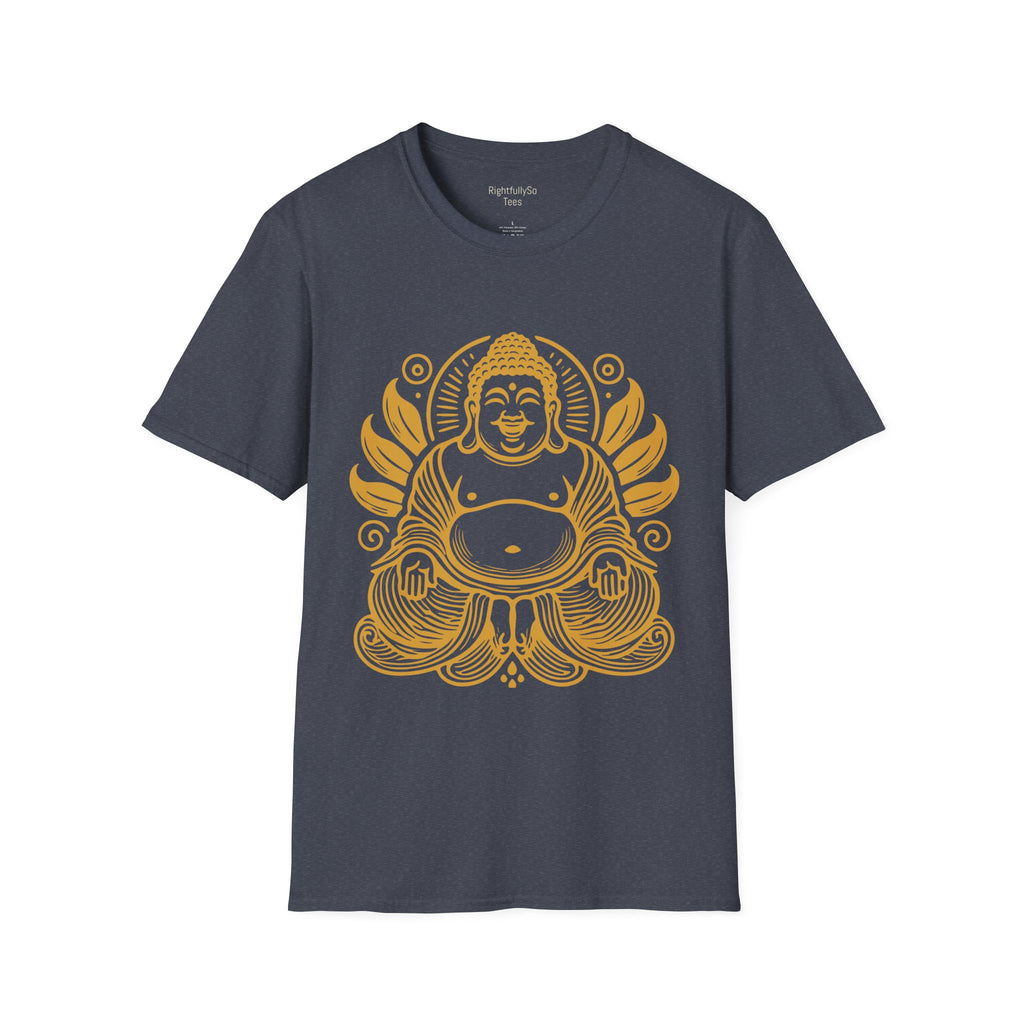Heather Navy Gold Laughing Buddha Tee mockup