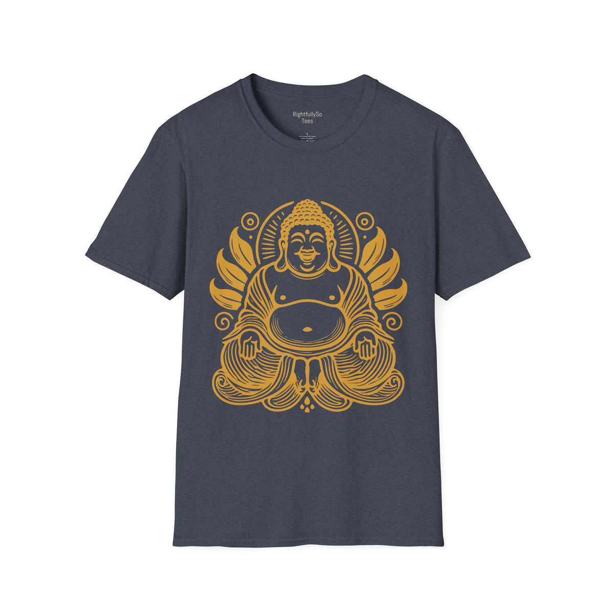 Heather Navy Gold Laughing Buddha Tee mockup