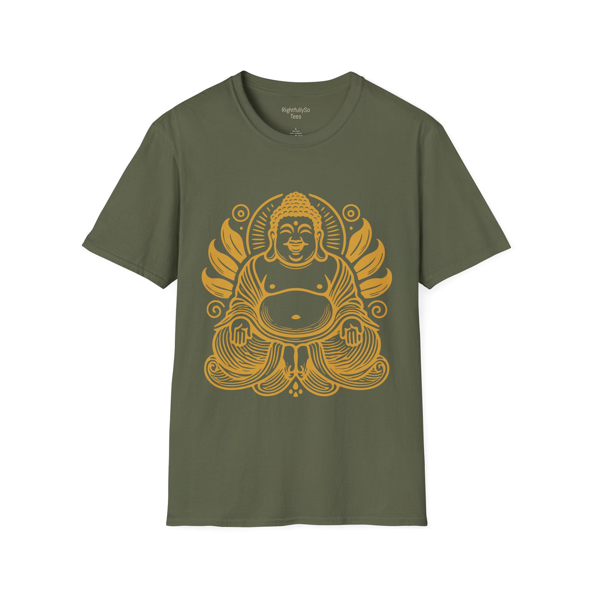 Military Green Gold Laughing Buddha Tee mockup