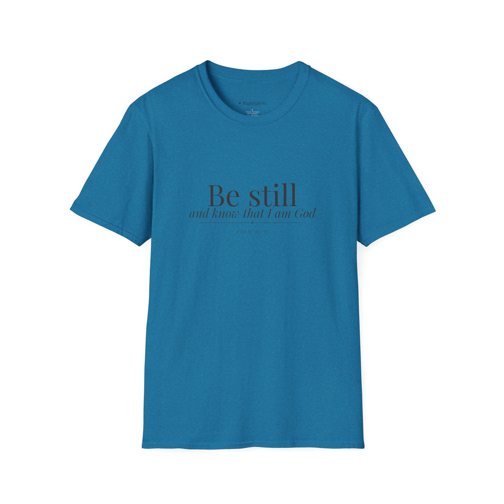 Antique Sapphire Be Still Tee — Psalm 46:10 mockup