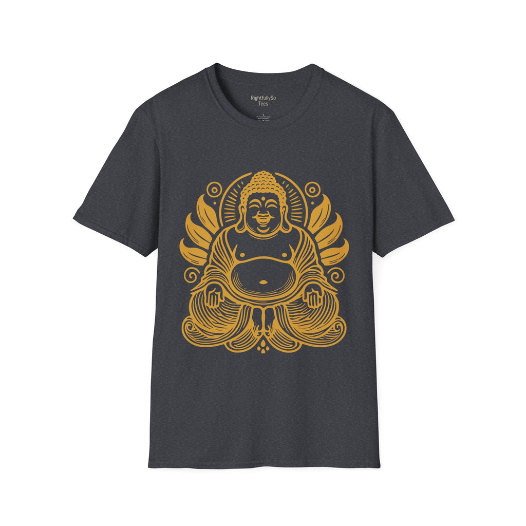 Dark Heather Grey Gold Laughing Buddha Tee mockup