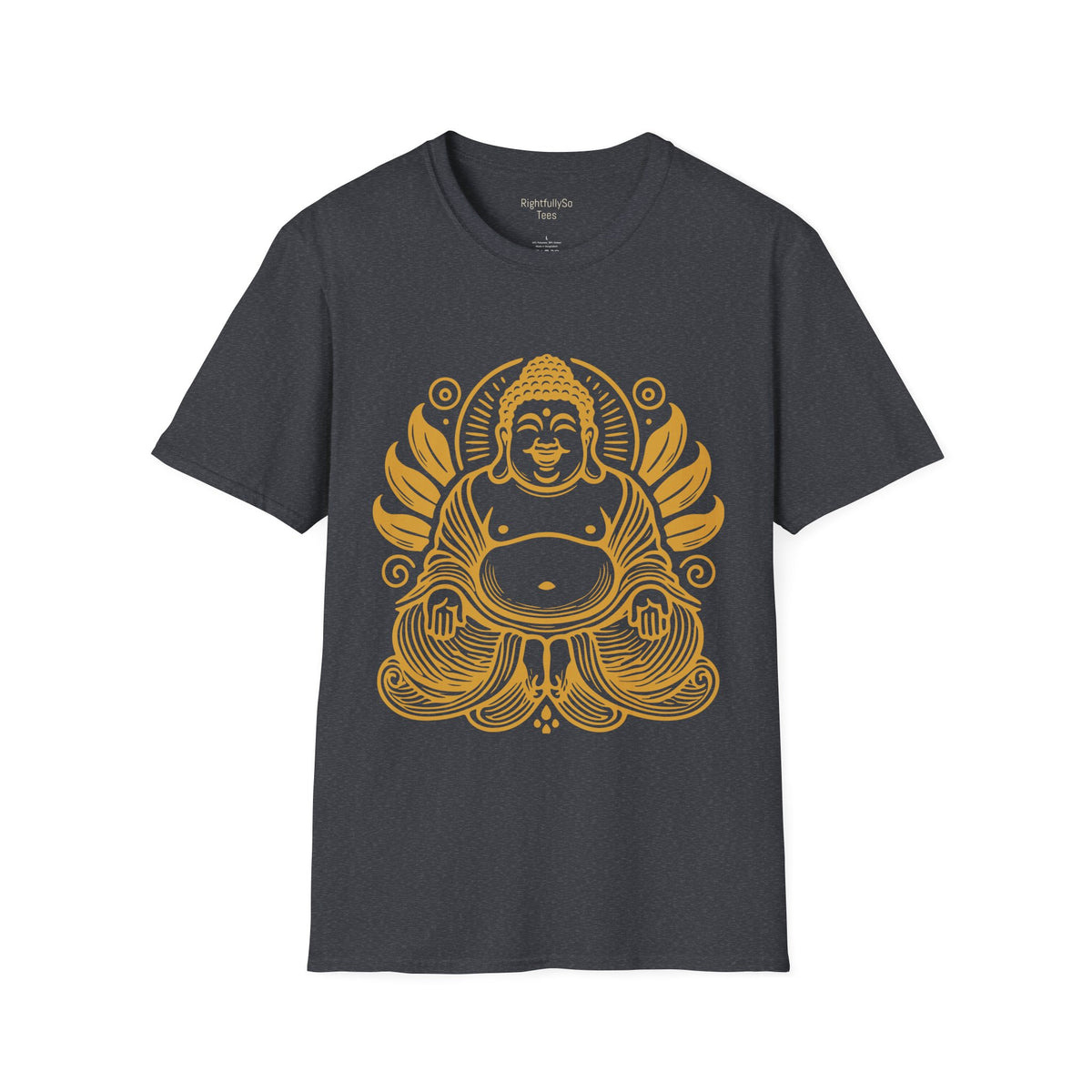 Dark Heather Grey Gold Laughing Buddha Tee mockup