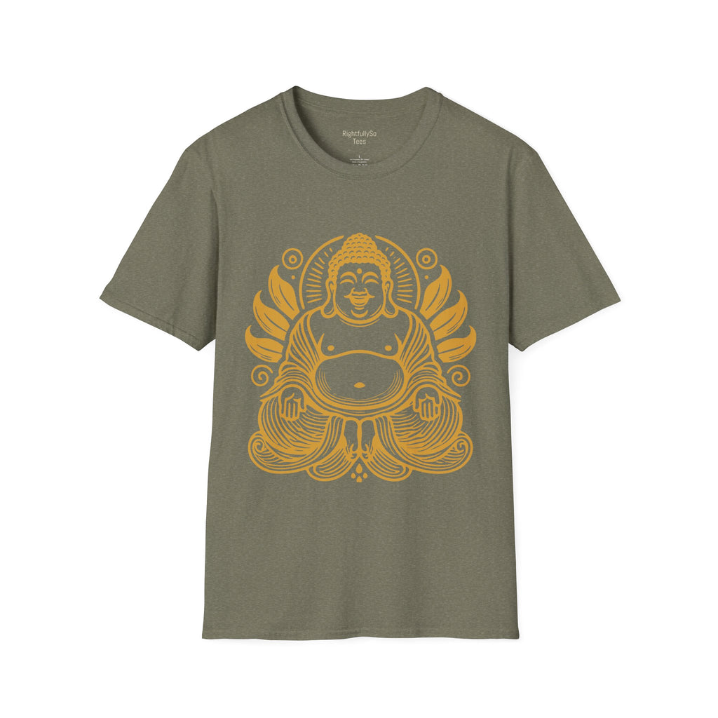 Heather Military Green Gold Laughing Buddha Tee mockup