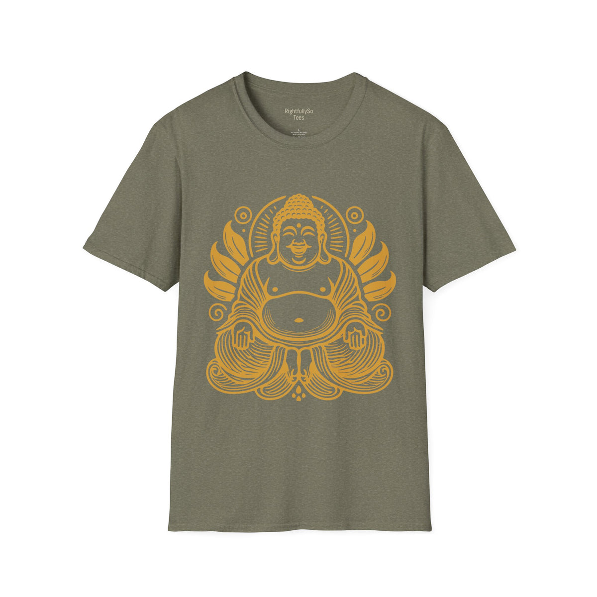 Heather Military Green Gold Laughing Buddha Tee mockup