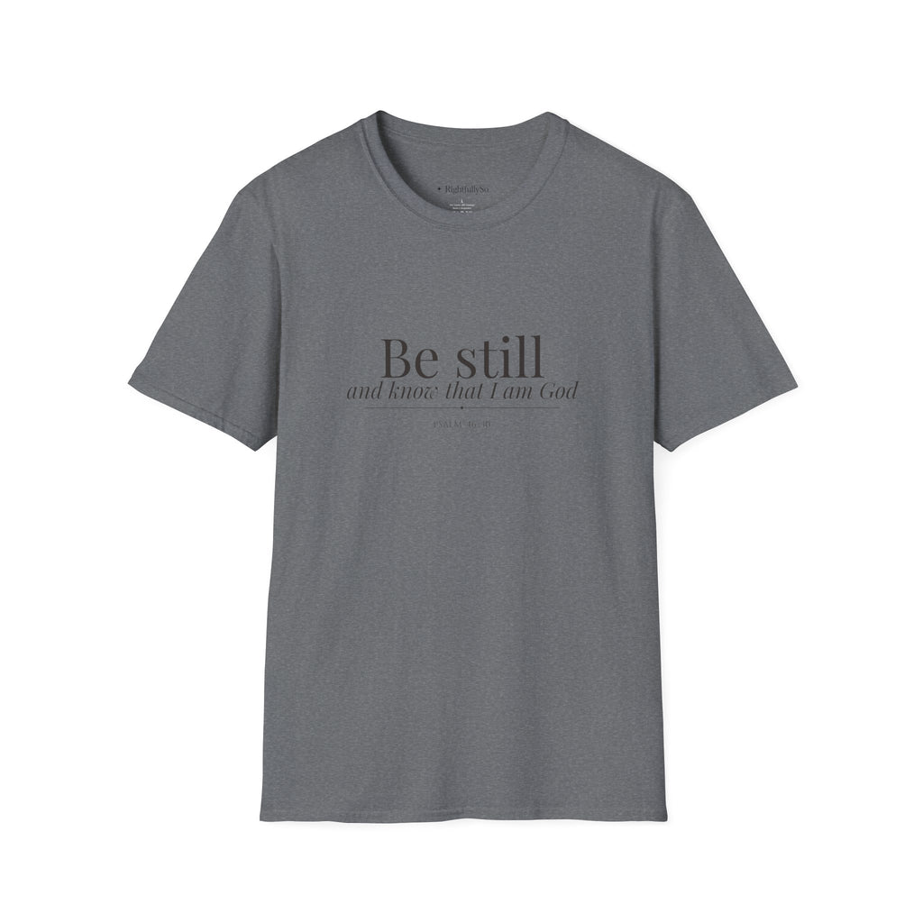 Graphite Heather Be Still Tee — Psalm 46:10 mockup