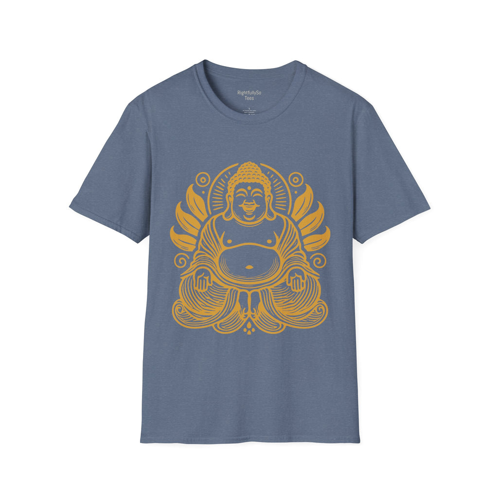 Heather Indigo Gold Laughing Buddha Tee mockup