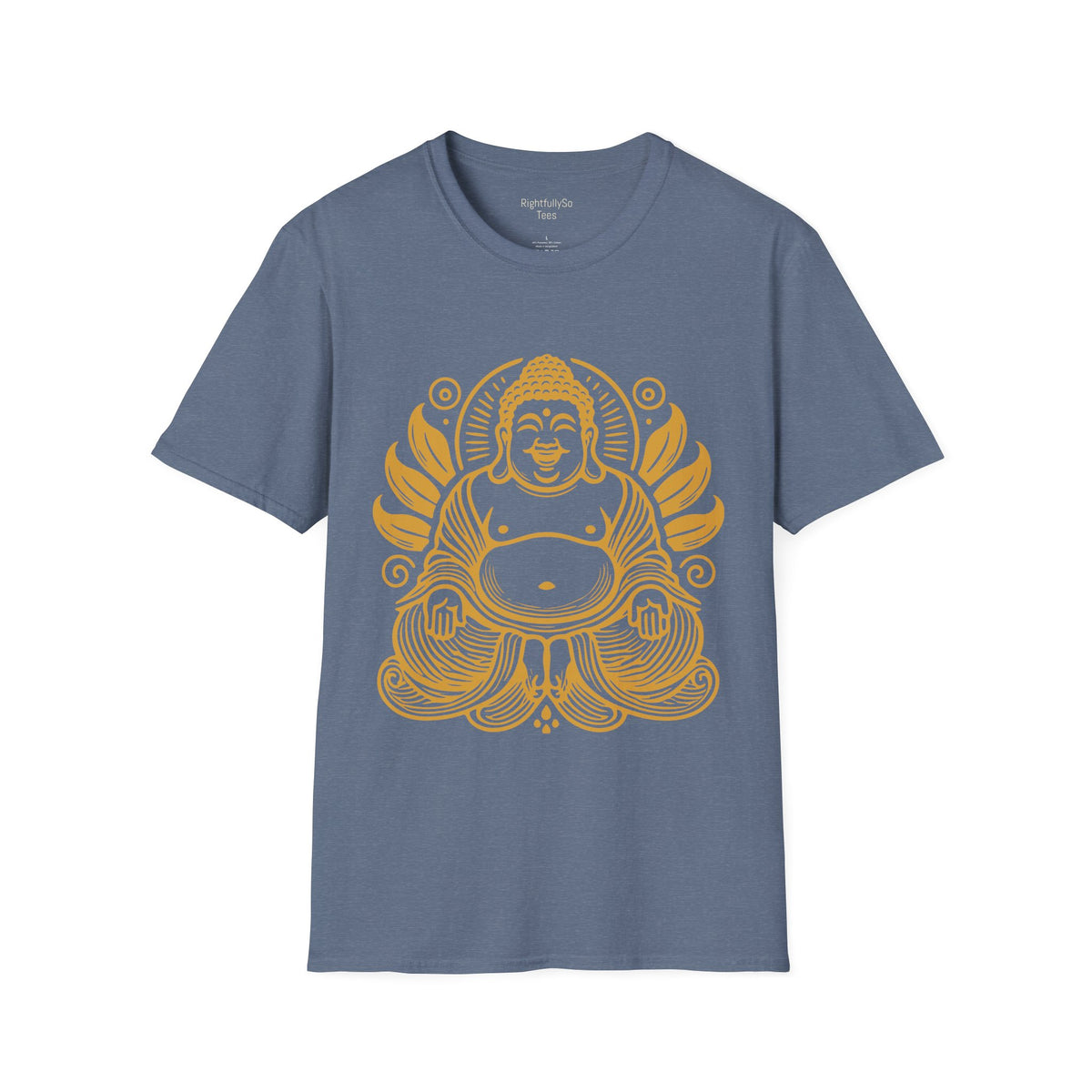 Heather Indigo Gold Laughing Buddha Tee mockup
